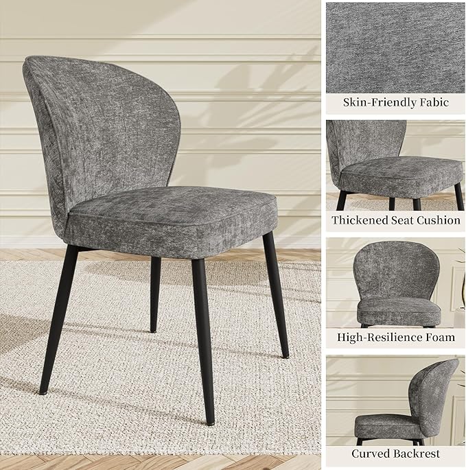 Dining Chairs Set of 2, Modern Fabric Dining Room Chairs with Curved Backrest Well-Padded Seat, Upholstered Kitchen Chairs for Living Dining Room, Grey
