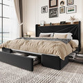 SHA CERLIN King Size Bed Frame with 3 Drawers, USB & Type-C Charging Ports, Velvet Upholstered Platform Bed with Modern Geometric Wingback Storage Headboard, No Box Spring Needed, Easy Assembly, Black