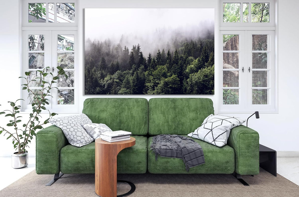 Nature Wall Art Prints - Ocean Forest Mountain Lake Canvas Landscapes - Small to Extra Large Living Room Bedroom Kitchen Bathroom Décor (Foggy Pine Forest, 16L" x 24W")