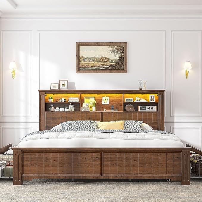 EnHomee King Size Bed Frame and Headboard & Storage,4 Drawers and LED Built in Charging Station King Bed Frame with Storage Farmhouse, NO Noise,No Box Spring Needed,Brown