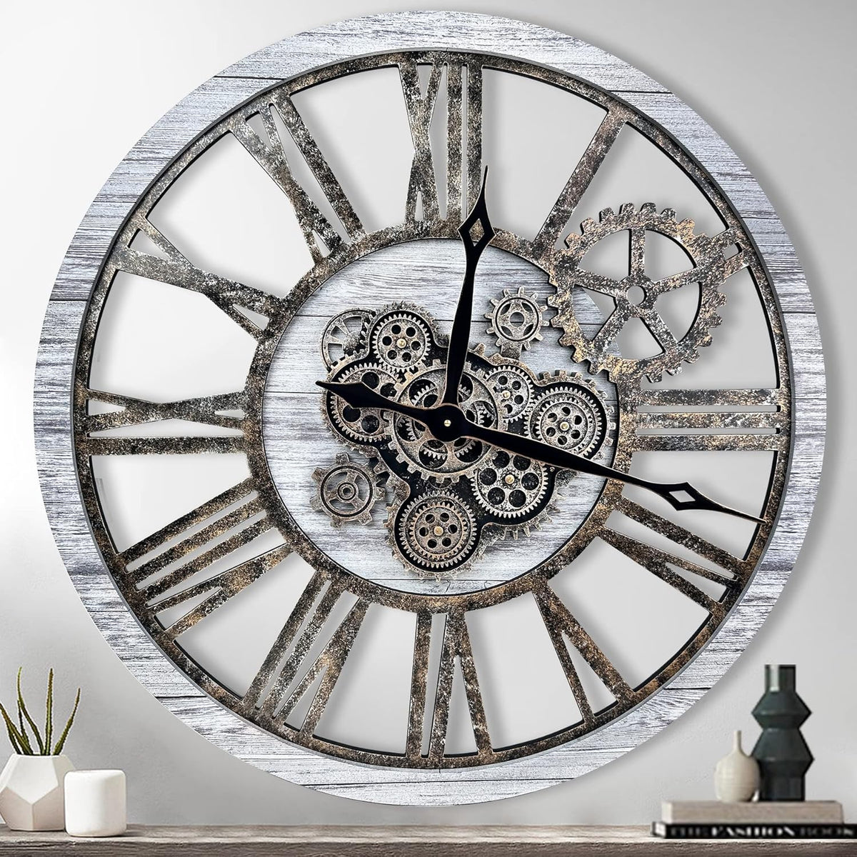 The B-Style Large Real Moving Gears Wall Clock 30 inch Rustic Retro Industrial Farmhouse Wood Clock Oversized Decorative Vintage Wall Clocks for Living Room (Silver Gray)