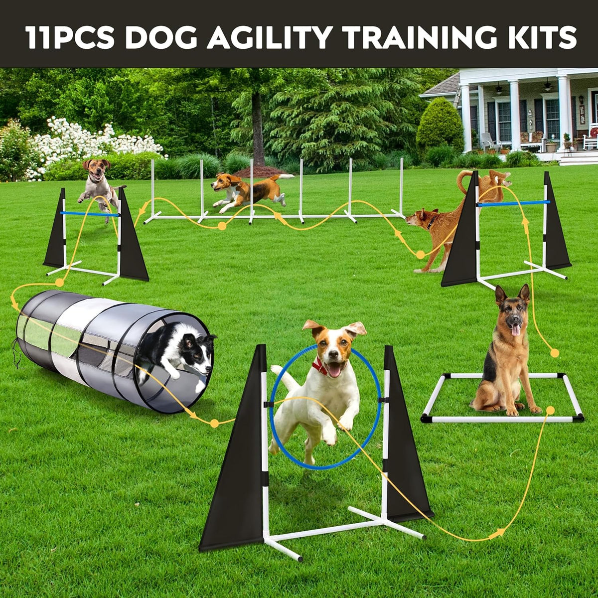 Dog Agility Training Equipment,Course Backyard Set Training Equipment for Dogs Pet Outdoor Game with Grey and Black Tunnel, Agility Hurdle, Poles, Jump Ring, Pause Box, Toy Balls and Storage Bag