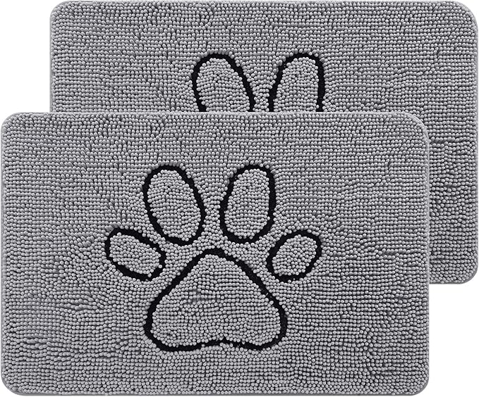 Smiry 2 Piece Dog Door Mat for Muddy Paws, Absorbent Dirt Trapper Non Slip Quick Dry Washable Chenille Mat for Mud Dogs, Entry Rug for Indoor and Outdoor (24x16 Inches, Grey)