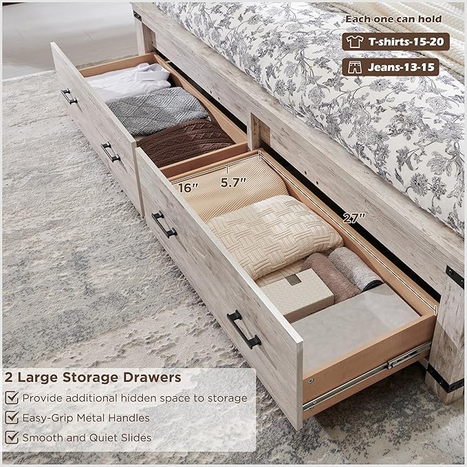 RedLemon Farmhouse Queen Size Bed Frame w/ 54" Tall Geometric Headboard, Rustic Wood Platform Bed w/ 2 Large Storage Drawers, Wood Slats Support, Noise Free, No Box Spring Needed, Antique Brush White