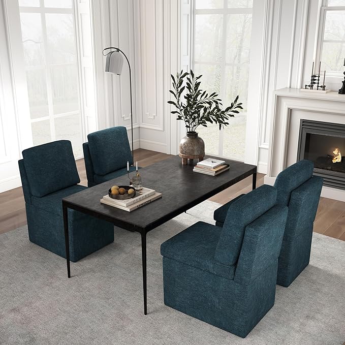 VKNOW Upholstered Dining Chairs Set of 4, Modern Kitchen Chairs with Storage, Linen Armchair Dinner Chair for Kitchen Dining Room Office Bedroom, Navy Blue