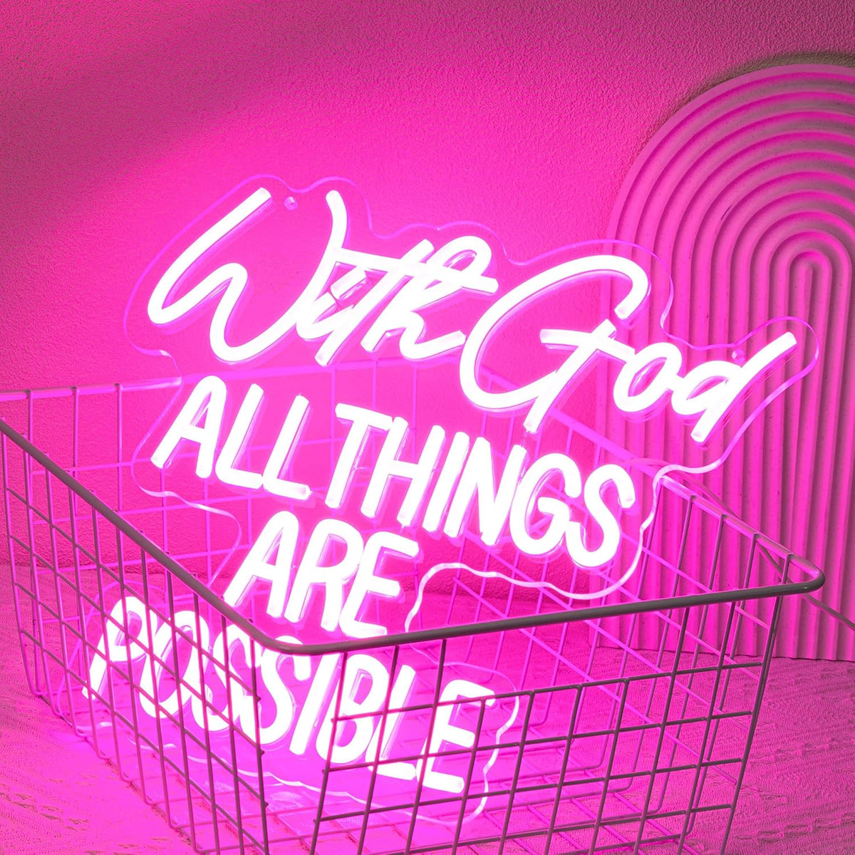 "With God All Things Are Possible" Neon Sign God Neon Light for Wall Decor Letter LED Neon Sign Pink LED Neon Light Dimmable Neon Signs for Bedroom Wedding Church Decoration