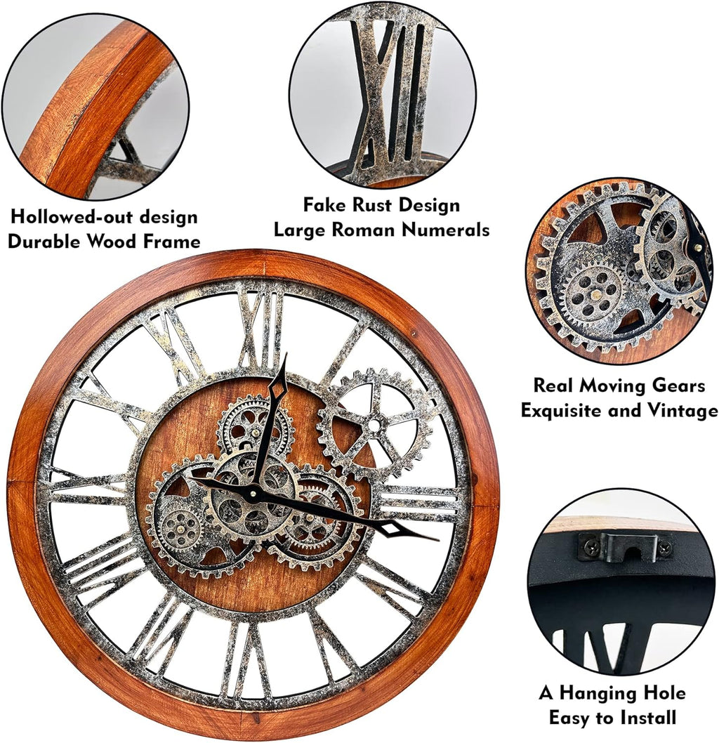 The B-Style Large Wall Clock 24 inch Moving Gear Wall Clock Oversized Vintage Farmhouse Wall Clocks for Living Room Decor Rustic Industrial Wood Clock (Brown and Bronze)