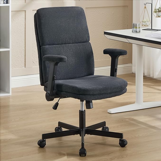 Office Chair Adjustable Desk Chair Mid Back Comfortable Linen Ergonomic Back Support Home Computer Chair with Padded 2D Flip-up Armrest Swivel Wheels (Navy Blue)