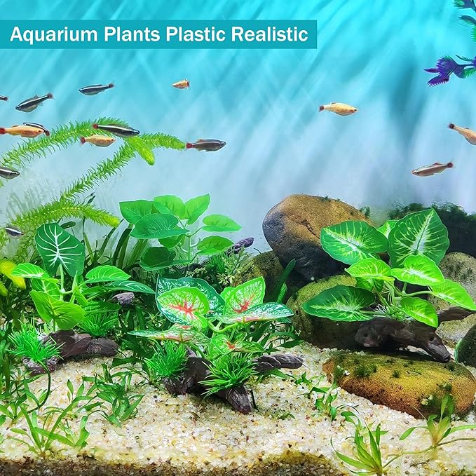 Silk Aquarium Plants for Fish Tank, Betta Fish Decor, Plastic & Fake Plants Realistic for Reptile Terrarium, Turtle, Leopard Gecko & Ball Python Habitat, Silk Plants for Betta Fish Tank
