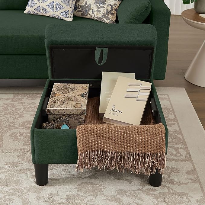 101" Convertible Sectional Sofa with Ottoman Coffee Table, Modern Linen Fabric U-Shaped Couch with Storage Pocket, 4 Seat Sofa Couches for Living Room, Apartment, Office, Green