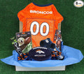 NFL Denver Broncos PET GIFT BOX with 2 Licensed DOG TOYS, 1 Logo-engraved NATURAL DOG TREAT, 1 NFL JERSEY, 1 NFL Puppy Training Bells & 1 Car Seatbelt