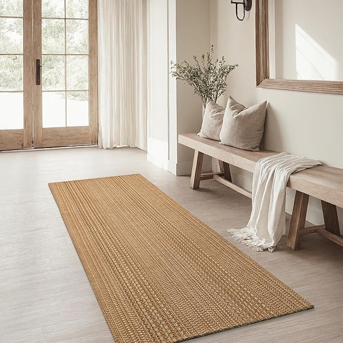2x6 Washable Runner Rug, Textured Natural Woven Low-Profile Hallway Runner with Non-Slip Backing, Neutral Light Brown, for Kitchen, Laundry Room, Entryway