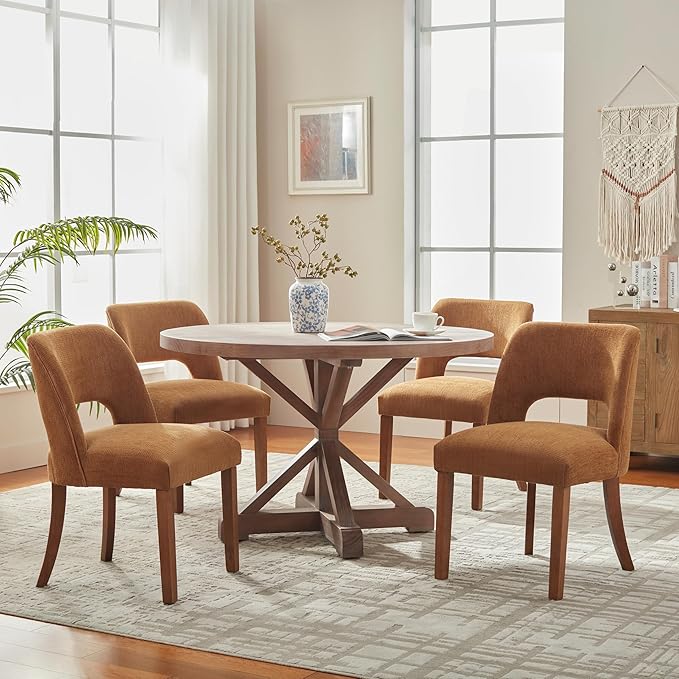 VKNOW Wooden Dining Chairs Set of 4, Modern Fabric Upholstered Dining Room Chair Kitchen Chairs, Farmhouse Dinner Chair for Kitchen Dining Room, Orange