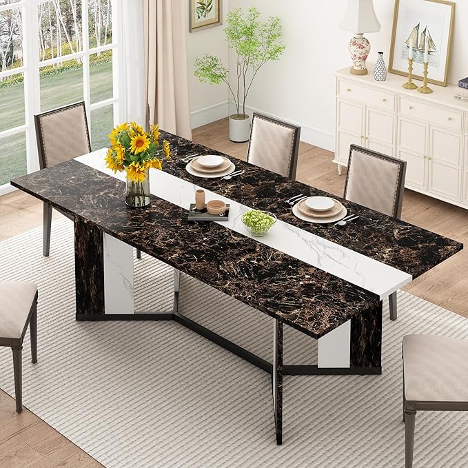 71 inch Dining Table for 4 5 6 | Modern Black Rectangular Kitchen Table W/Waterproof Wood Tabletop,Farmhouse Long Dining Room Tables W/Adjustable Legs&Wood Strip Base for Kitchen Living Room