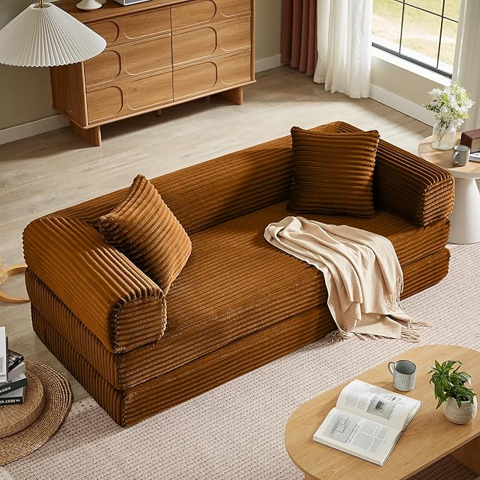 Boneless Couch Sofa Bed Sectional Couches for Living Room,Futon Cloud Couch with Sleeper Sofa,Sofas for Living Room Oversized Corduroy Upholstered (Orange)