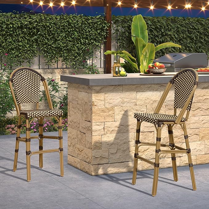 PURPLE LEAF French Bar Stool Set of 4 Bamboo Print Finish Patio Bar Stools with Back Rattan Chairs Wicker Bar Height Stool 30" with Footrest Kitchen Island Stools Outdoor Barstool Brown