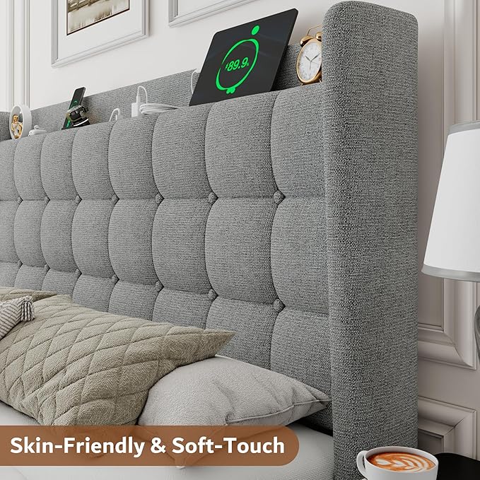 iPormis Queen Bed Frame with Charging & Storage, Upholstered Platform Bed with Button Tufted Wingback Headboard, Heavy-Duty Foundation, No Box Spring Needed, Light Grey
