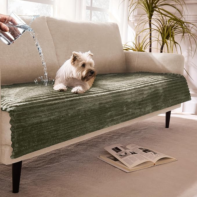 Dual Non-Slip Couch Cover for Dogs Waterproof, Fuzzy Soft Pet Couch Covers for Sofa 3 Cushion, Pet Friendly Soft Dog Bed Covers Sofa Cover Washable (Sage Green, 33" x 75" 1 Pack)