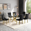 Goujxcy 51" Glass Dining Table Set for 6, Modern Kitchen Table and Chairs Set w/Steel Legs, 7-Piece Dining Table Set w/Glass Gold Dining Table and 6 Black Velvet Chairs for Kitchen Dining Room