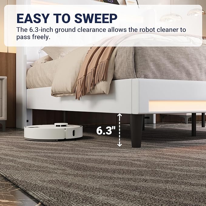 Allewie Upholstered Full Size Platform Bed Frame with LED Light and Charging Station, Button Tufted High Headboard, Wingback Design, Noise Free, Easy Assembly, No Box Spring Needed, White