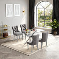Goujxcy 51" Glass Dining Table Set for 4, Modern Kitchen Table and Chairs Set w/Steel Legs, 5-Piece Dining Table Set w/Glass Silver Dining Table and 4 Grey Velvet Chairs for Kitchen Dining Room