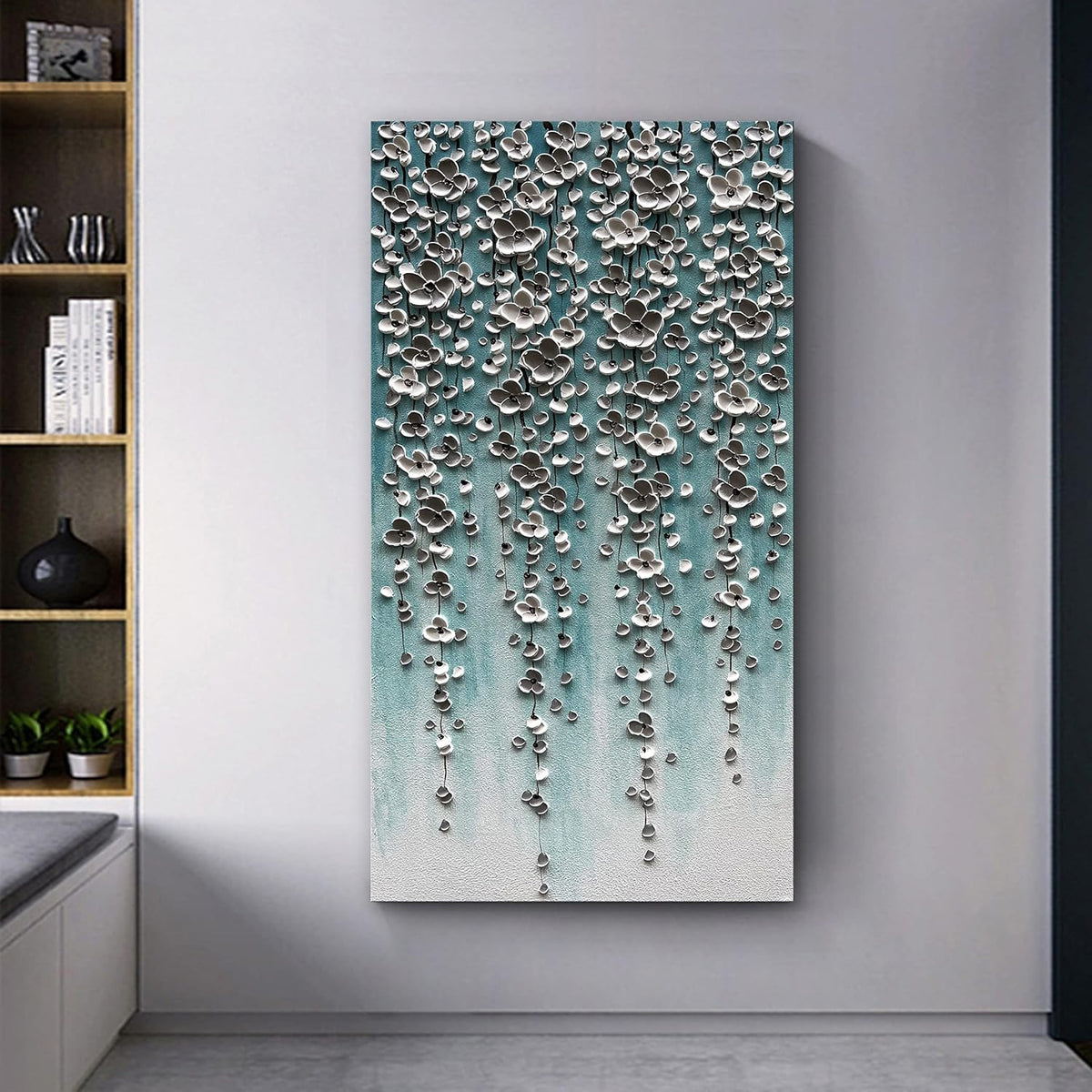 Epicler Large-Scale Oil Painting on Canvas Wall Art,46x23 inches Hand-Painted White Flower Wall Painting, Abstract Canvas Wall Art for Home Wall Decoration