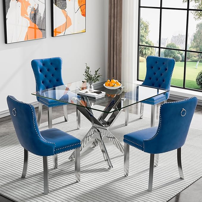Goujxcy Glass Dining Table Set for 4, Modern Kitchen Table and Chairs Set of 4, 5-Piece Kitchen Dining Room Table Set w/36 Square Silver Glass Dining Table and 4 Blue Velvet Upholstered Chairs
