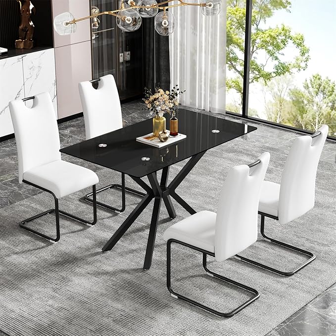 47'' Modern Glass Dining Table for 2-4 People, Rectangular Dining Room Table with Black Metal Legs, Clear Tempered Glass Top Dining Table for 4, Black Dining Kitchen Table for 4
