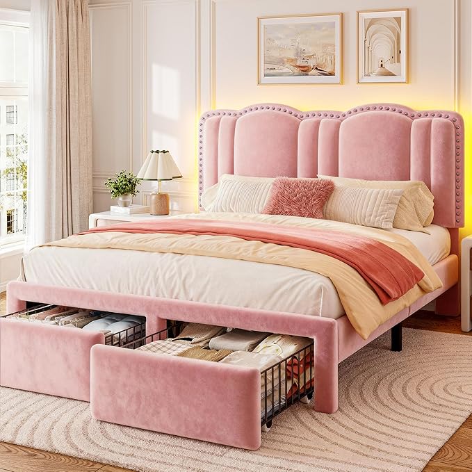 EnHomee Queen Bed Frame with LED, Velvet Upholstered Cloud Headboard and 2 Drawers, Bed Frame Queen Size with Height Adjustable Headboard, Solid Wooden Slats, No Box Spring Needed, Easy Assembly, Pink