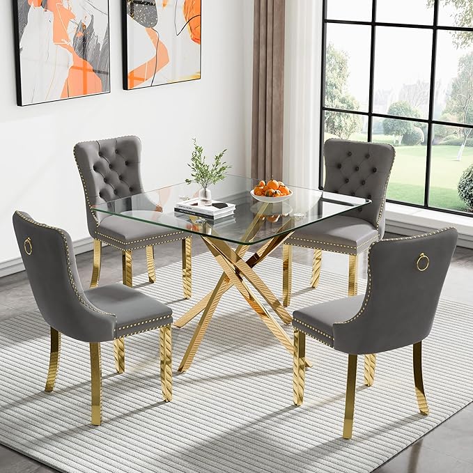 Goujxcy 5 Piece Glass Dining Table Set Modern Small Glass Dining Table Set for 4, 35.43" Square Kitchen Table and 4 Velvet Upholstered Chairs for Kitchen Dining Room, Gold & Grey