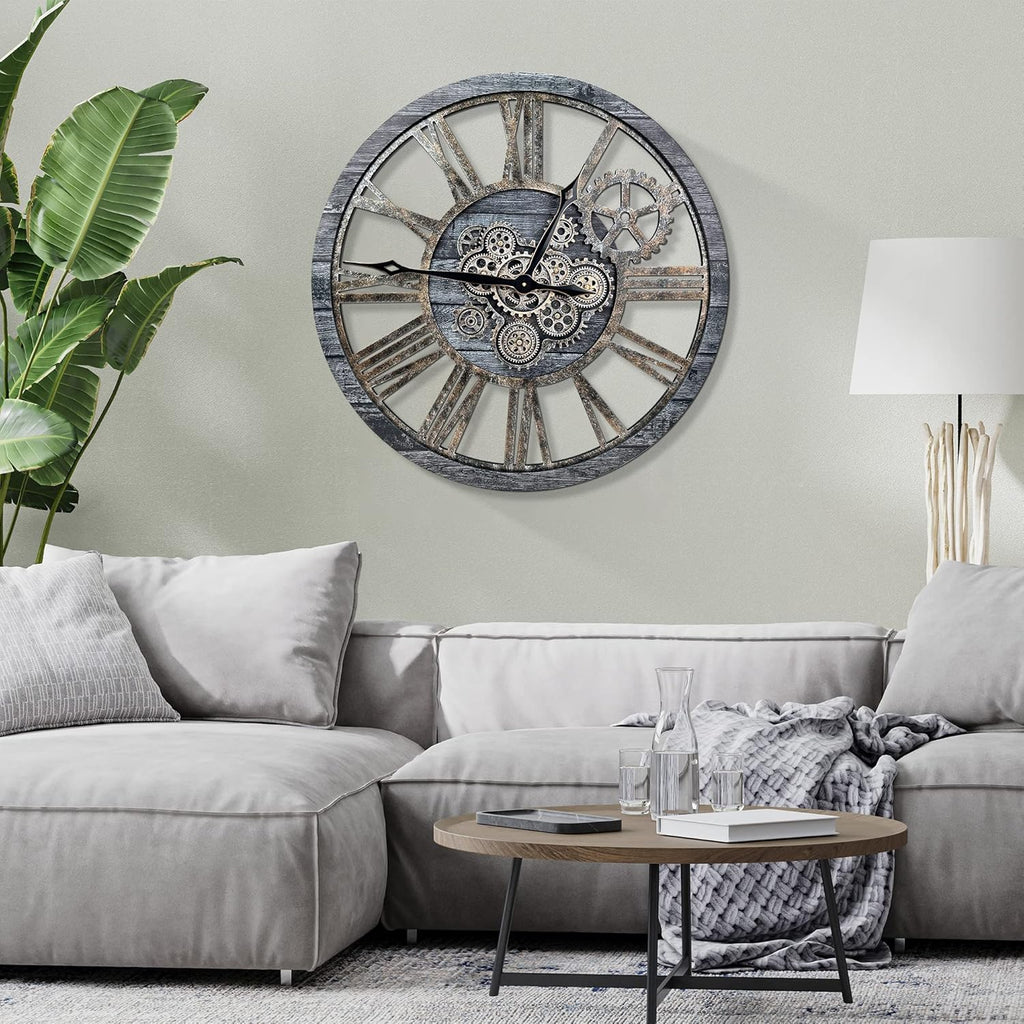 HOIBAI Large Wall Clock, Wall Clocks for Living Room Decor 36 Inch Farmhouse Vintage Rustic Kitchen Wall Decor Vintage Roman Oversized Wall Clock for Home Bedroom House, Moving Gears Clock