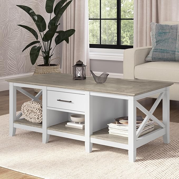 Bush Furniture Coffee Table with Storage with Aged Bronze Hardware | Key West Collection Center Counter for Living Room | 47Wx24Dx18H