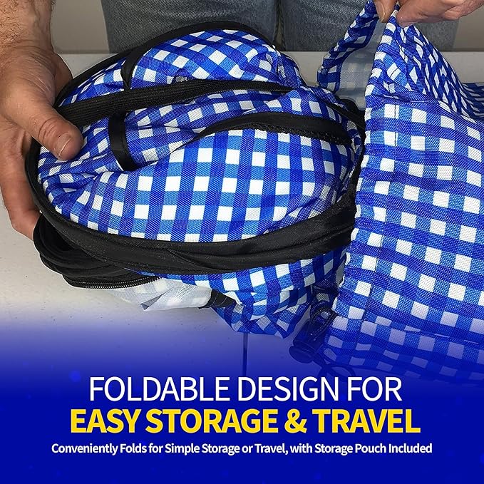 Pet Fit For Life Extra Large Cat Carrier for Travel - Foldable & Portable Collapsible Kennel with Litter Box, Feather Toy & Water/Food Bowl - Ideal for Cars, Long Trips & Indoor Cats - Blue Checkers