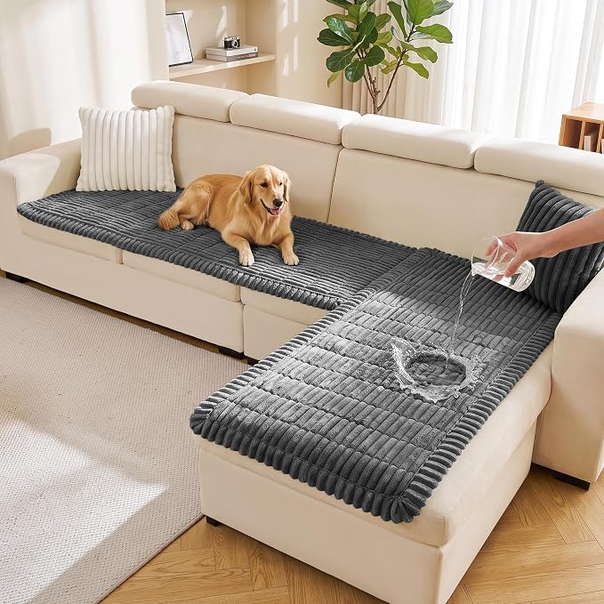 FUANGUI 2 Pack Waterproof Couch Cover for Dogs Pets Sofa Protector | Non-Slip Washable Fuzzy Soft Sofa Slipcover for 2 PCS L Shaped Sofa Pet Friendly, 27.6" x 70.9"+27.6" x 82.7", Dark Grey