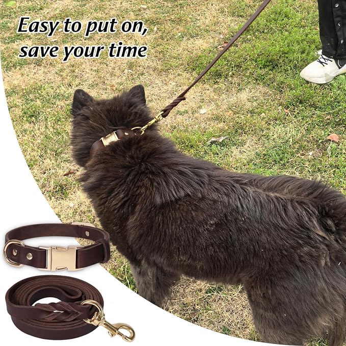 LWBMG 5FT Leather Dog Collar and Leash Set, Heavy Duty Dog Leash and Collar with Metal Buckle,Adjustable Pet Lead and Collar Set, Soft Pet Leash and Collar for Small Medium Dogs Brown