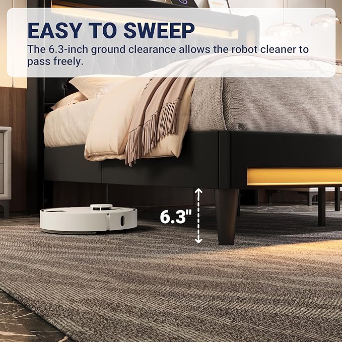 Allewie Upholstered King Size Platform Bed Frame with LED Light and Charging Station, Button Tufted High Headboard, Wingback Design, Noise Free, Easy Assembly, No Box Spring Needed, Black