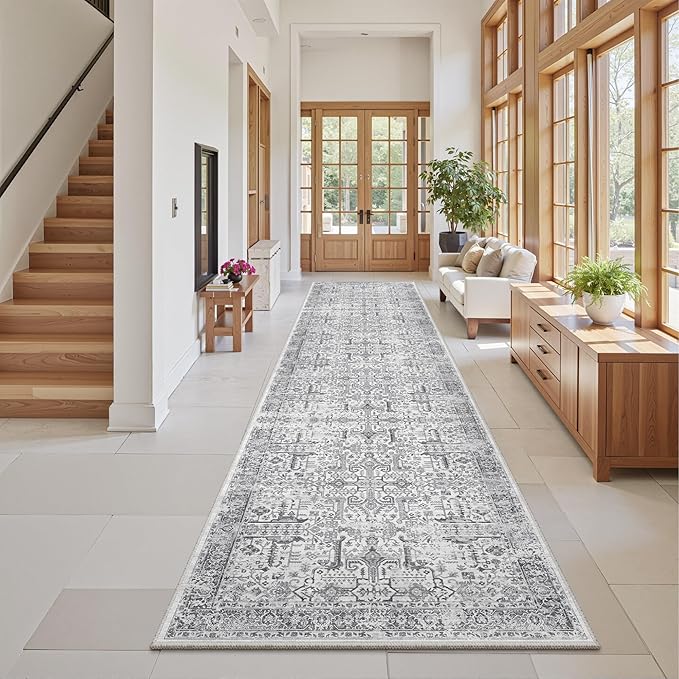 Hallway Washable Runner Rug 2x10 - Non Slip Vintage Kitchen Runner Rugs for Entryway Low-Pile Waterproof Long Runners for Living Room Bedroom Medallion Indoor Floor Mat for Bathroom Laundry Grey