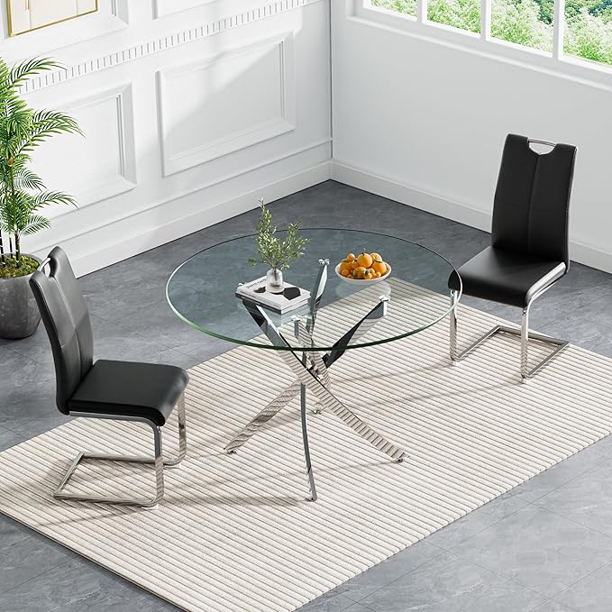 Goujxcy 3 Pieces Round Dining Table Set for 2, Modern Silver Glass Kitchen Table and Chairs for 2 with Upholstered Chairs, Circle Coffee Dining Table Set for Small Space,Apartment,Office