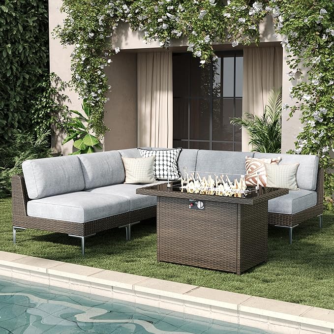 LayinSun 6-Piece Outdoor Modular Wicker Sectional Sofa with Fire Pit Table, Patio Furniture Conversation Set with Deep Seating and Thick Cushions