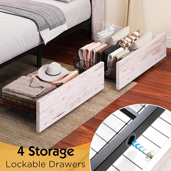 Twin Farmhouse Bed Frame with Bookcase Headboard and 4 Drawers, LED Storage Bed with Charging Station & Linen Upholstered, No Box Spring Needed, Distressed White