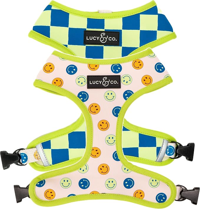 Lucy & Co. Reversible Dog Harness - Water-Repellent Neoprene, Dual-Print Design, Easy Swap Style, Adjustable Comfort Fit - Have a Nice Day Reversible Harness - Small