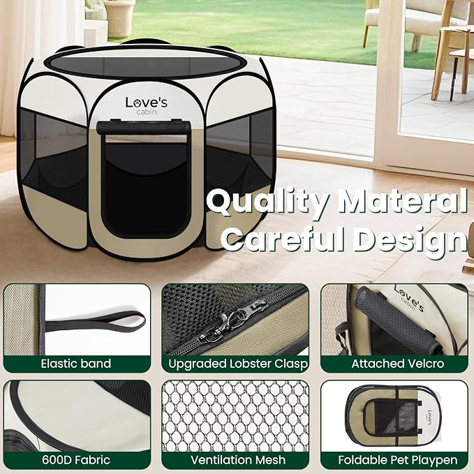 Love's cabin Pet Puppy Dog Playpen, Large Dog Tent Crates Cage Indoor/Outdoor, Portable Playpen for Cat, Foldable Pop Up Dog Kennel Playpen with Carring Case, Removable Zipper Top, Khaki