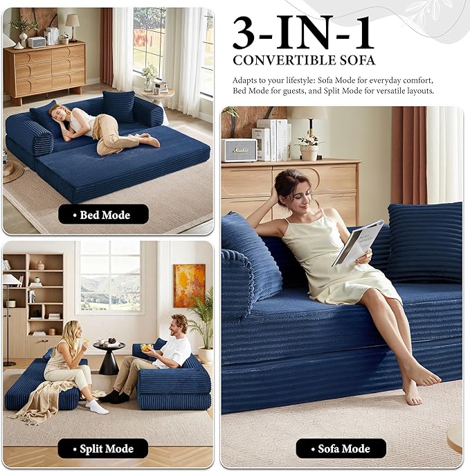 Boneless Couch Sofa Bed Sectional Couches for Living Room,Futon Cloud Couch with Sleeper Sofa,Sofas for Living Room Oversized Corduroy Upholstered (Blue)