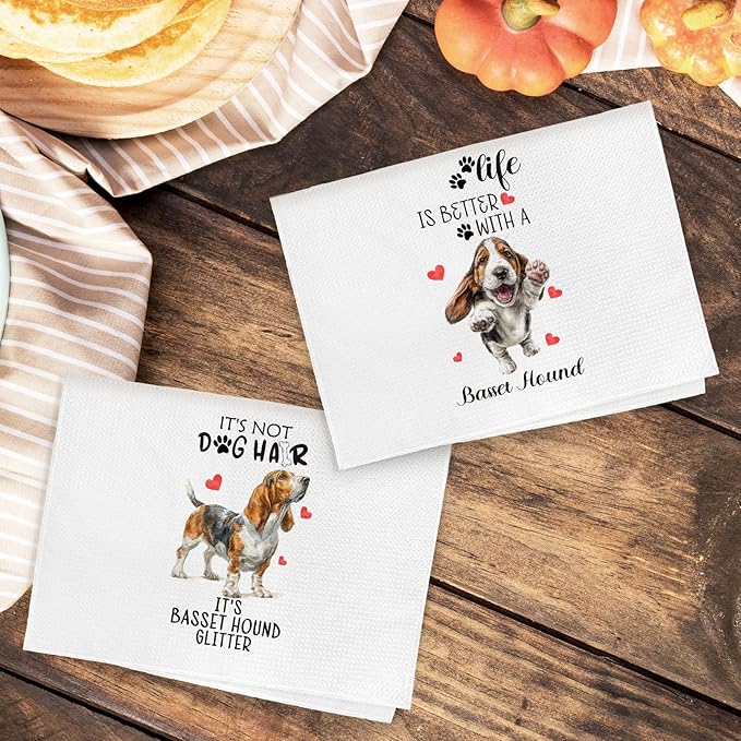 Basset Hound Gifts Kitchen Towels Set of 2, Funny Dog Hand Towels for Bathroom Kitchen Decor, Basset Hound Gifts for Women Dog Owners, Gift forDog Lovers Moms Dishcloths Dish Towel 16X24 Inches