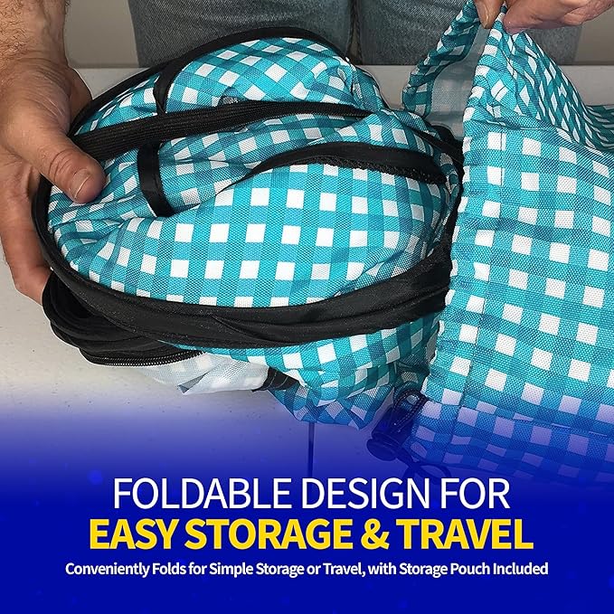 Pet Fit For Life Extra Large Cat Carrier for Travel - Foldable & Portable Collapsible Kennel with Litter Box, Feather Toy & Water/Food Bowl - Ideal for Cars, Long Trips & Indoor Cats - Teal Checkers