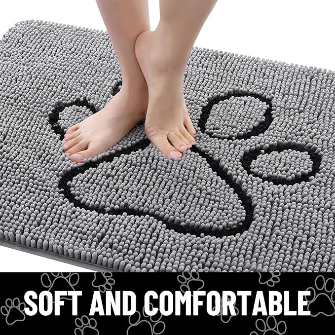 Smiry 2 Piece Dog Door Mat for Muddy Paws, Absorbent Dirt Trapper Non Slip Quick Dry Washable Chenille Mat for Mud Dogs, Entry Rug for Indoor and Outdoor (24x16 Inches, Grey)