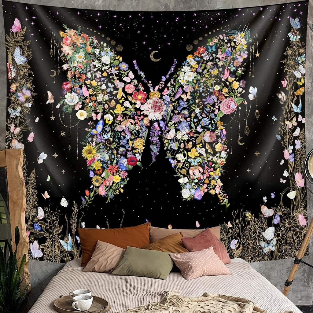 Damanse Butterfly Tapestry Wall Hanging Cute,Boho Wall Tapestry for Bedroom Aesthetic,Flower Living Room Decor for Teen Girls (Black, 49.20" x 59.10")
