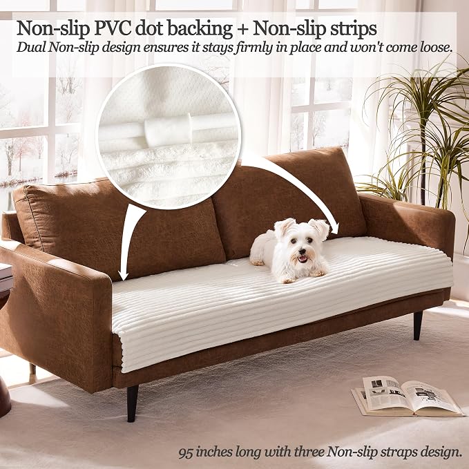 Dual Non-Slip Couch Cover for Dogs Waterproof, Fuzzy Soft Pet Couch Covers for Sofa 3 Cushion, Pet Friendly Soft Dog Bed Covers Sofa Cover Washable (White, 33" x 95" 1 Pack)