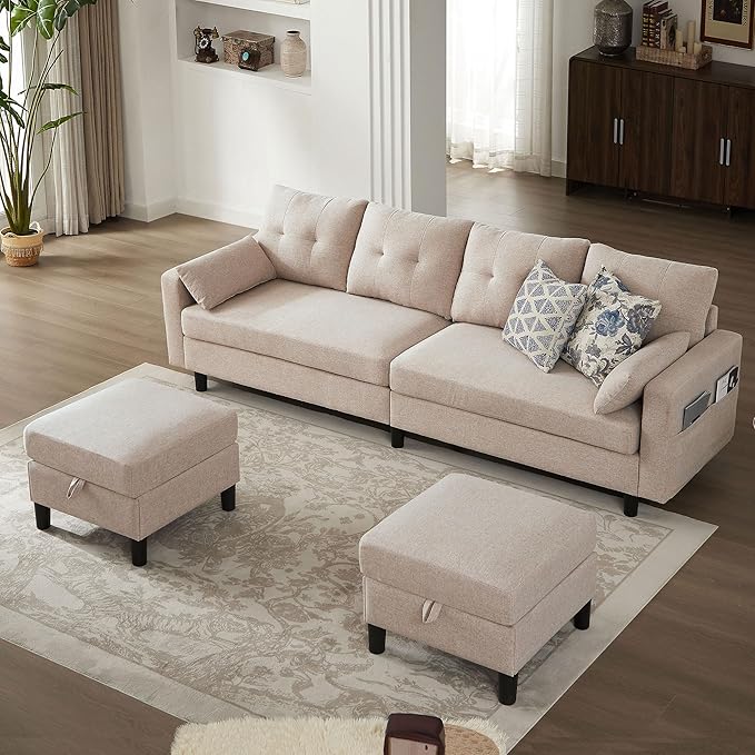 101" Convertible Sectional Sofa, Modern Linen Fabric U-Shaped Couch with 2 Storage Ottomans and Storage Pocket, 4 Seat Sofa Couches for Living Room, Apartment, Office, Beige