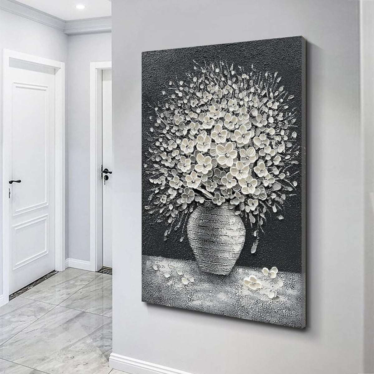 Epicler art Hand-painted abstract white flower art oil painting, 40x28 inch canvas wall art painting office home wall decorative art